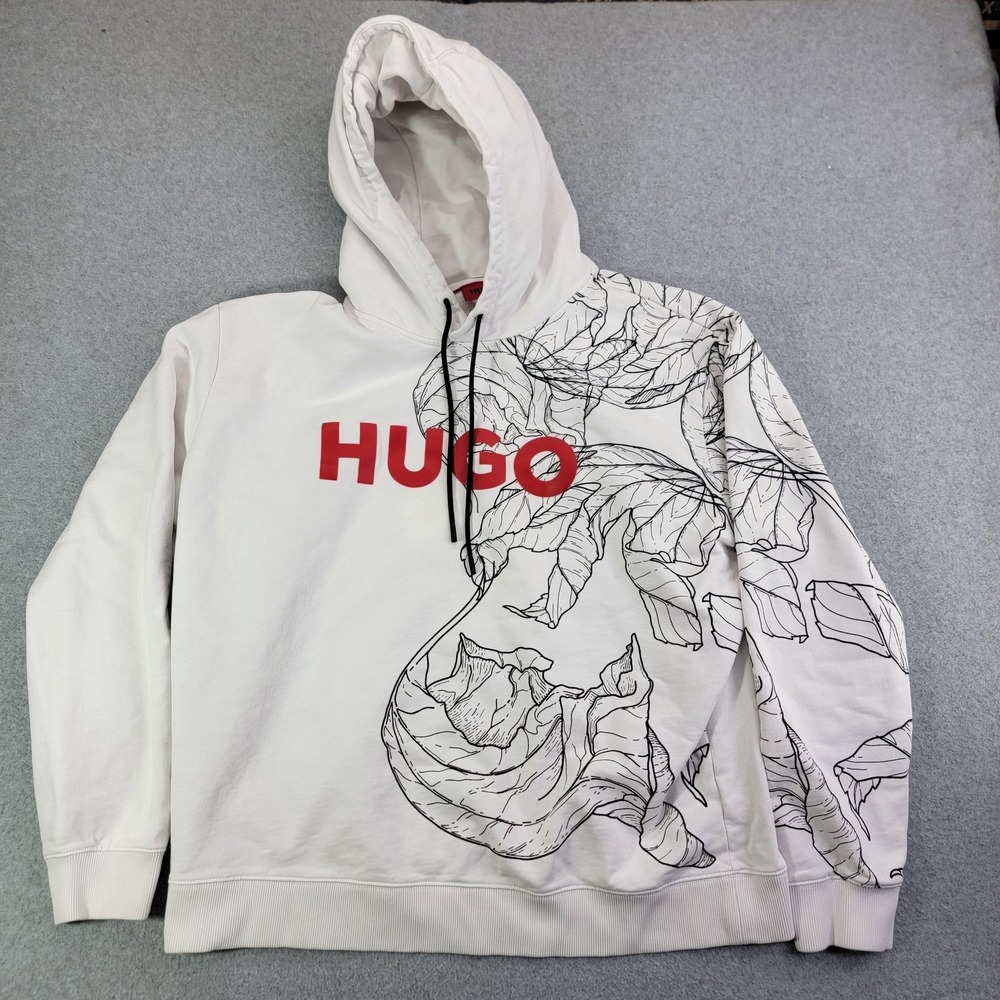 Hugo Boss Hoodie Mens 2XL White Pullover Fleece Sweatshirt Leaf Graphic Portugal